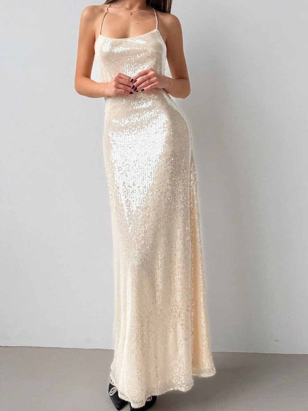 Apricot Party Women's Sequin Backless Bodycon Long Cocktail Dress